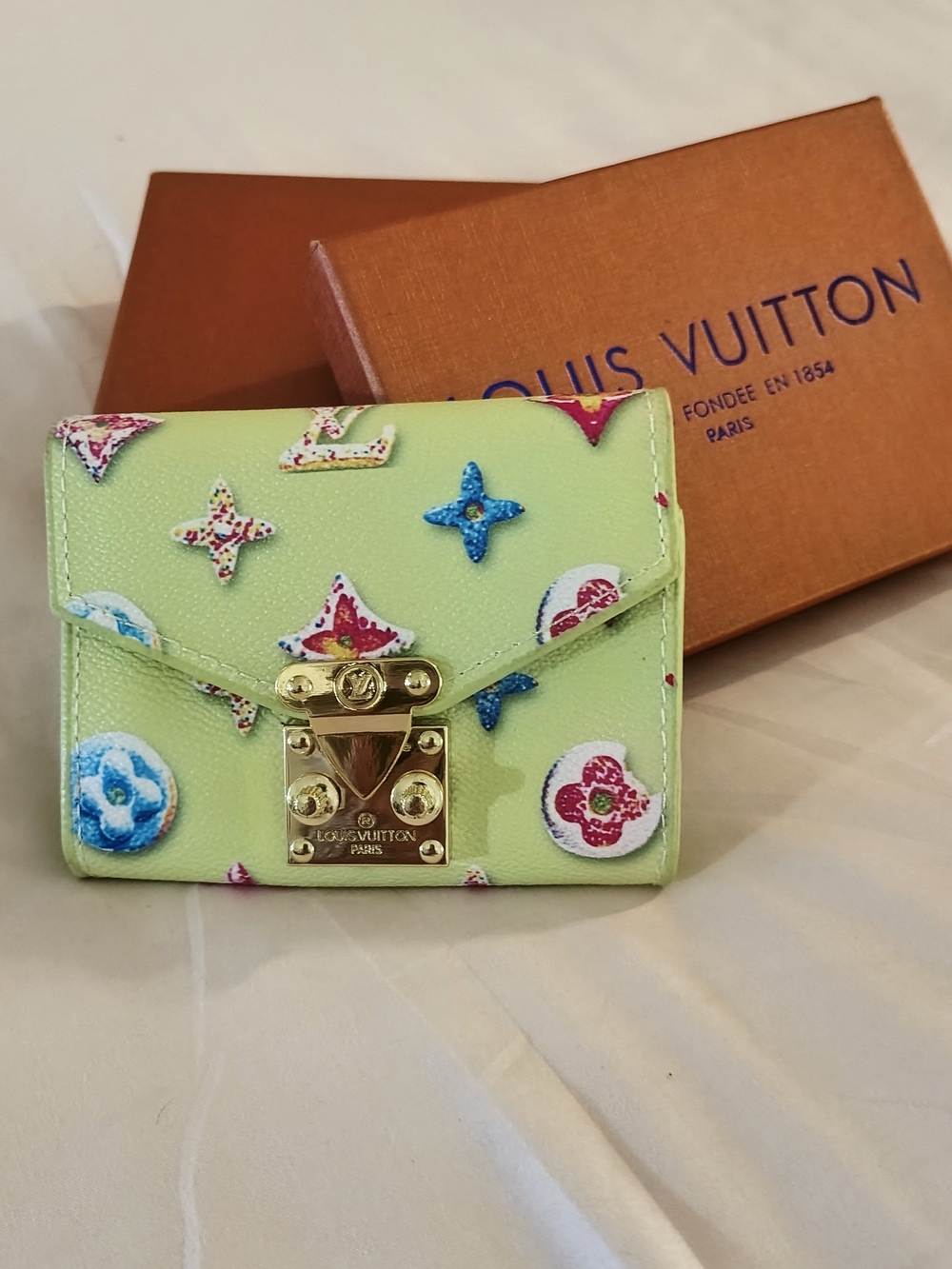Lime Green Multicolor Designer-Inspired Mini Wallet with Gold-Tone Clasp
